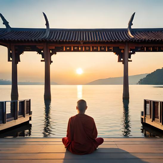monje meditando en el borde de un lago